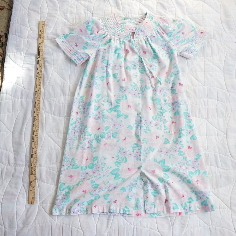 VTG Breakfast Club Floral Print Button Front Short Sleeve Nightgown House Coat M